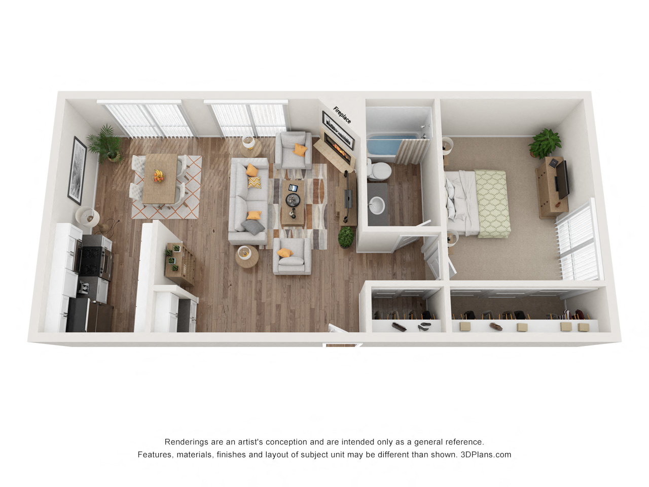 Floor plan for 1 bed, 1 bath, 780 sqft